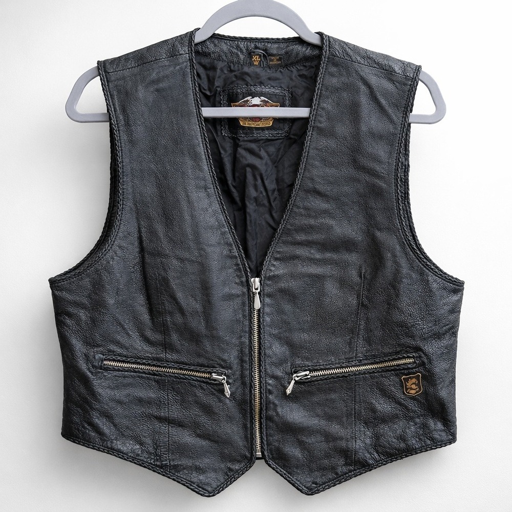 Harley Davidson Womens XL Black Leather Vest Embossed Back Logo Biker Moto Zip